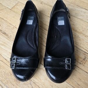 Dr. Scholl's Shiny Black Flats with Dual Buckle